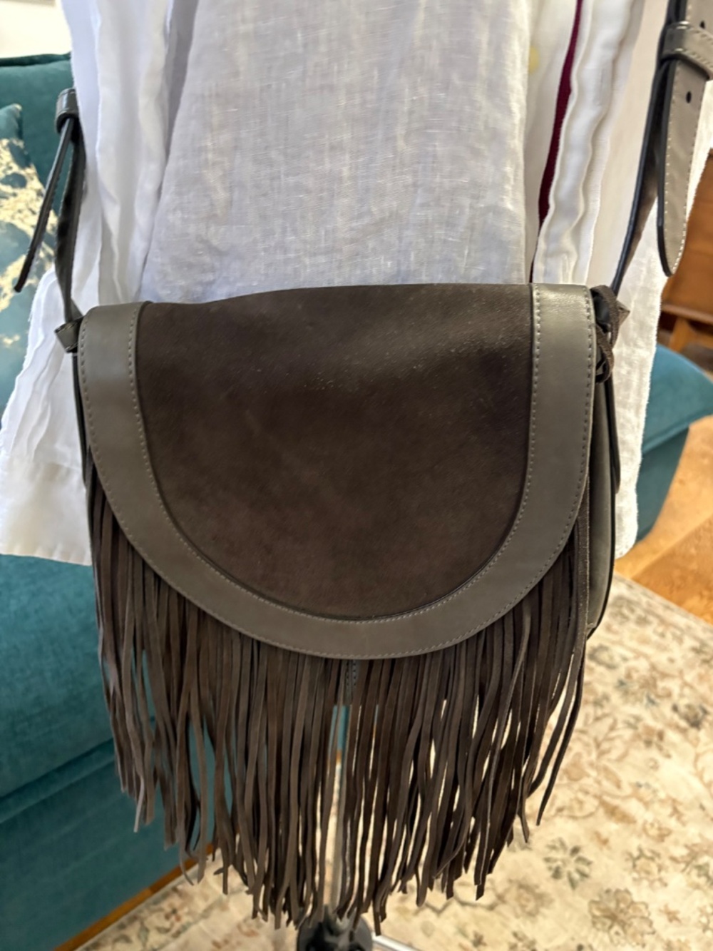 FRYE Ray Fringe Crossbody Saddlebag - Suede/Leather - Picture 2 of 9